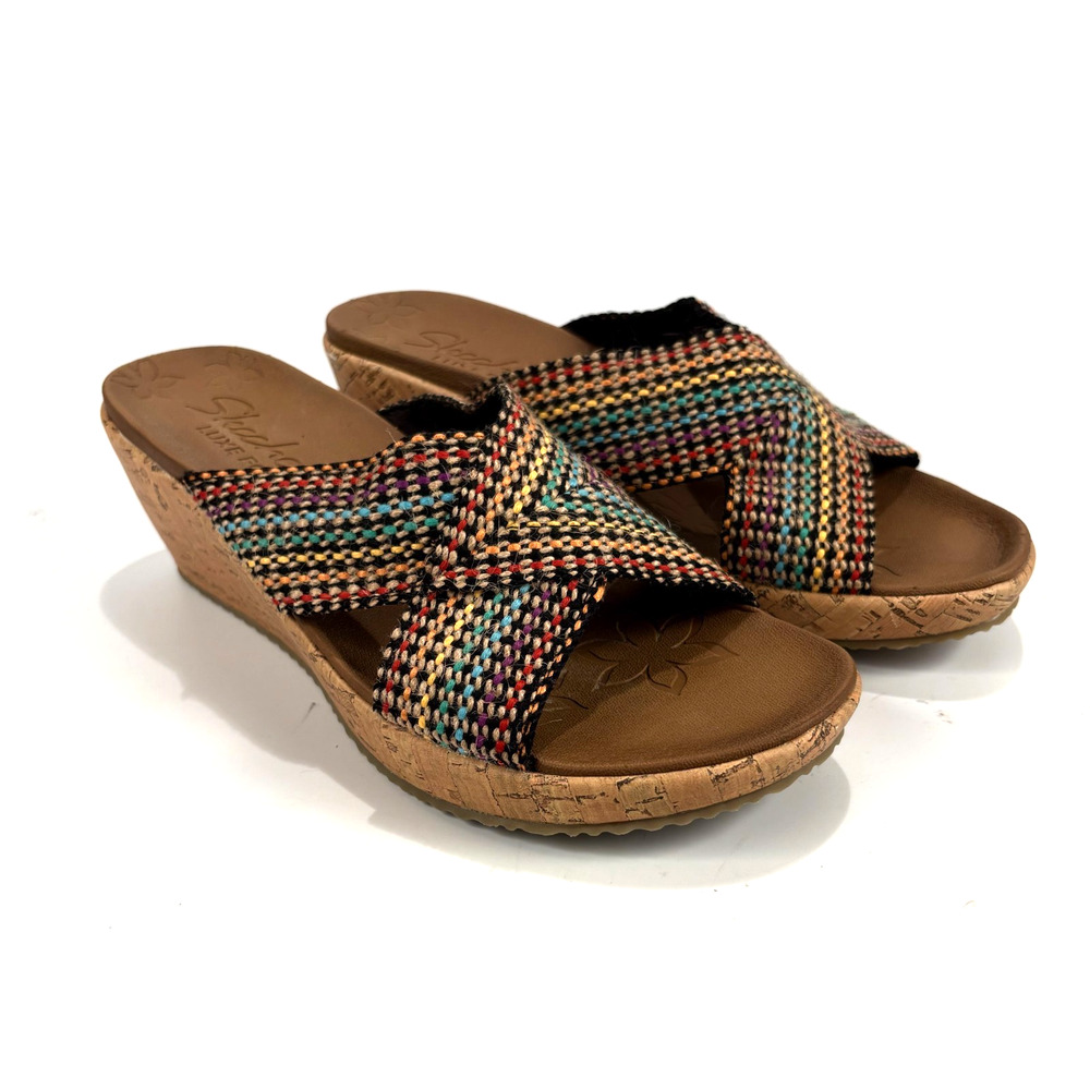 SKETCHERS Beverlee Womens Size 8 Wedge Cross Strap Sandals Shoes Rainbow